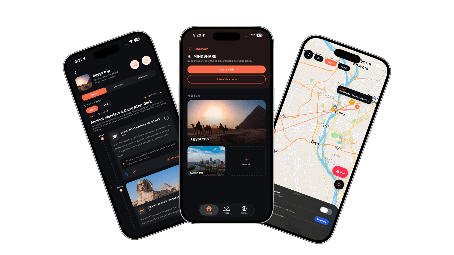 Tripkin app — itinerary, home screen and live group map
