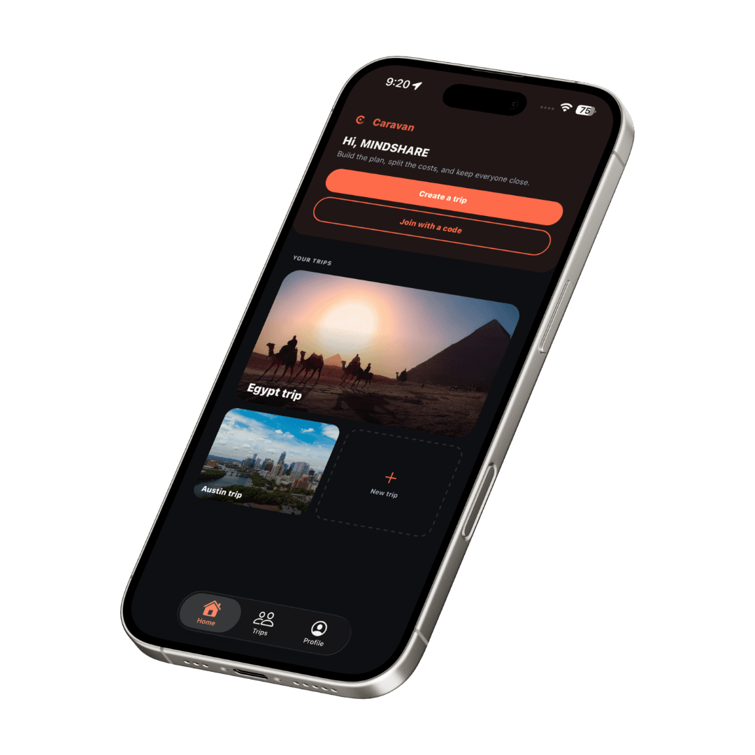 Tripkin home screen showing a user's trips