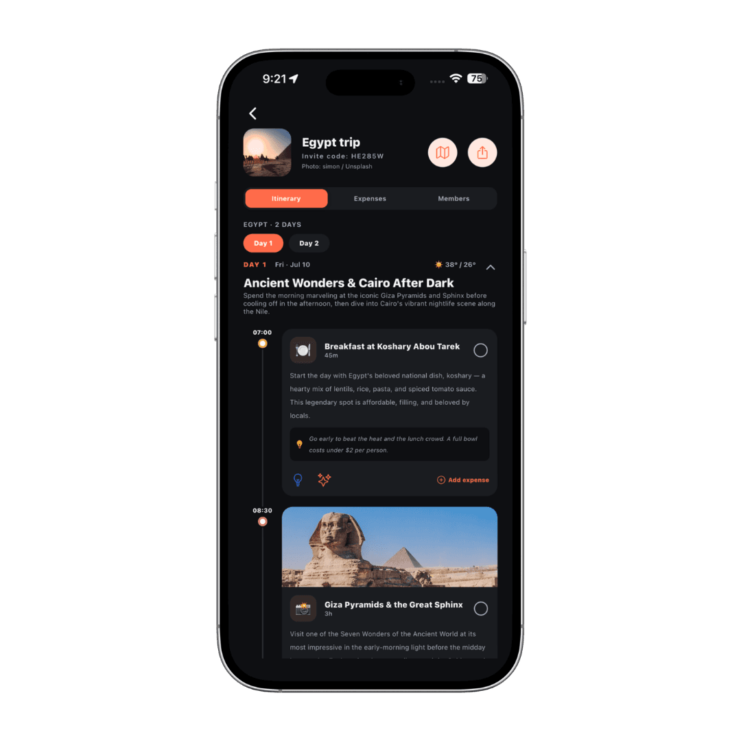 Tripkin AI-generated itinerary for a trip to Egypt